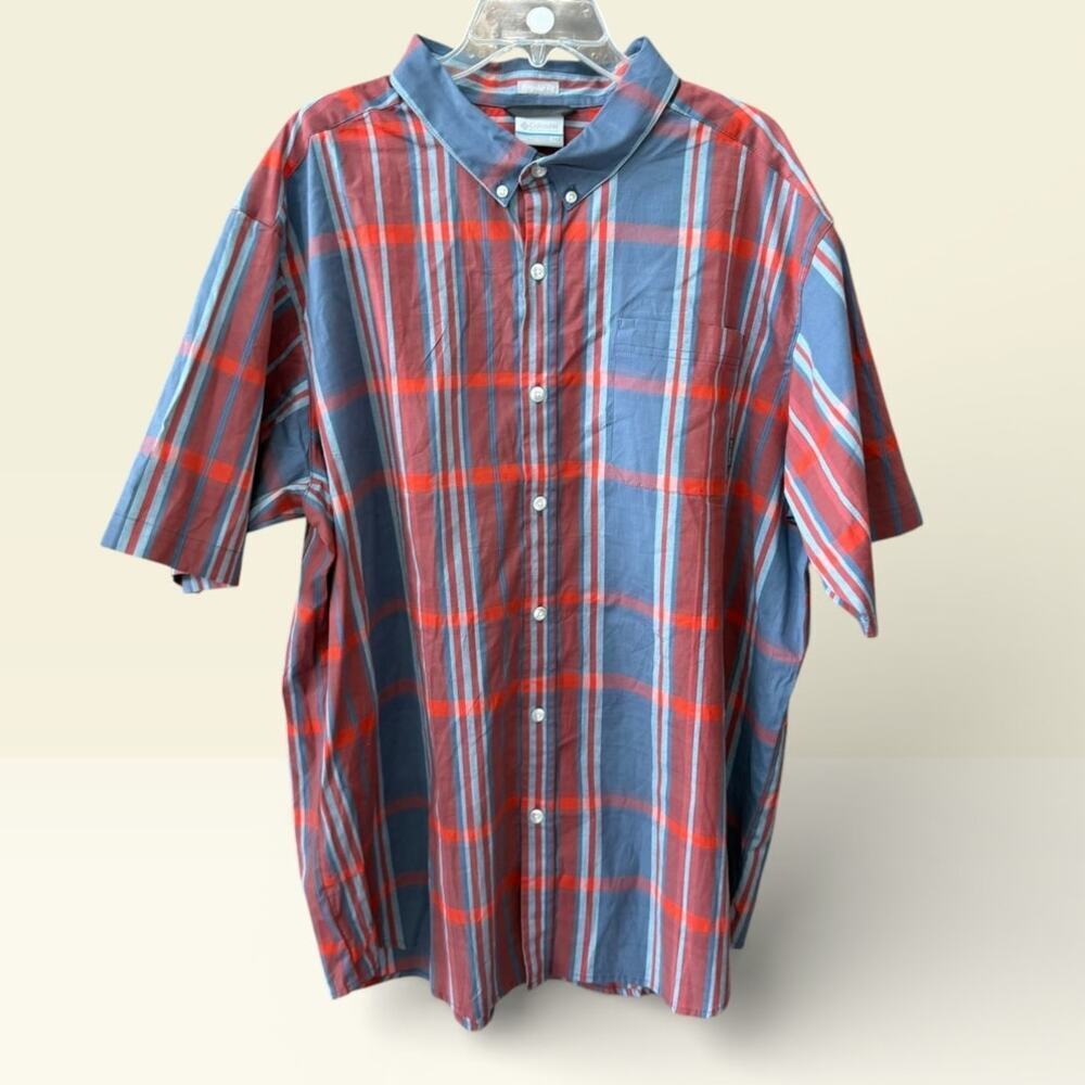 Columbia Mens 2XT Blue Red Camp Plaid Button Down Shirt Short Sleeve Casual